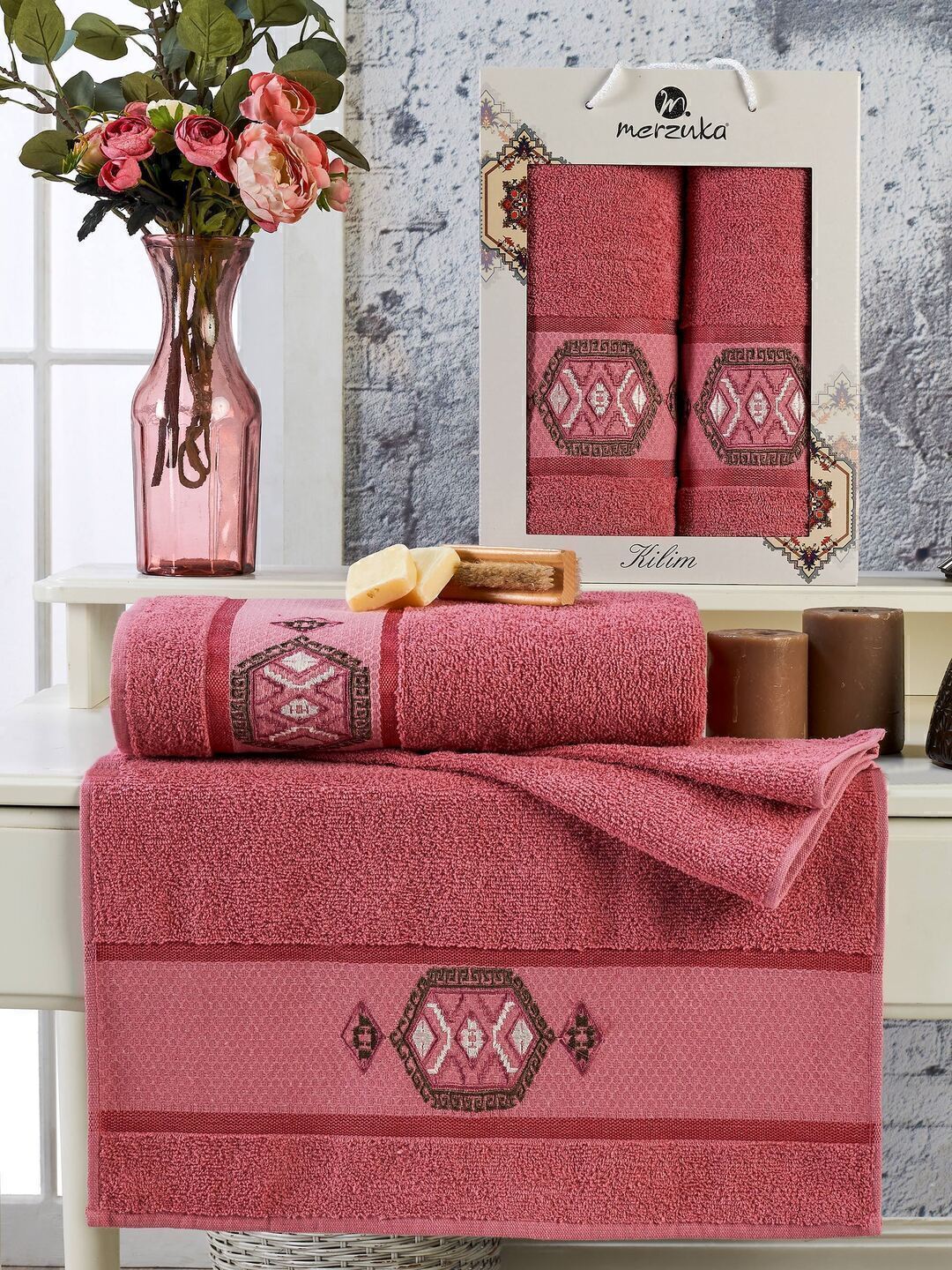 Набор полотенец махровых Kilim Merzuka <2 предмета 50*90+70*140, темно-розовый> (арт.11715,11716)