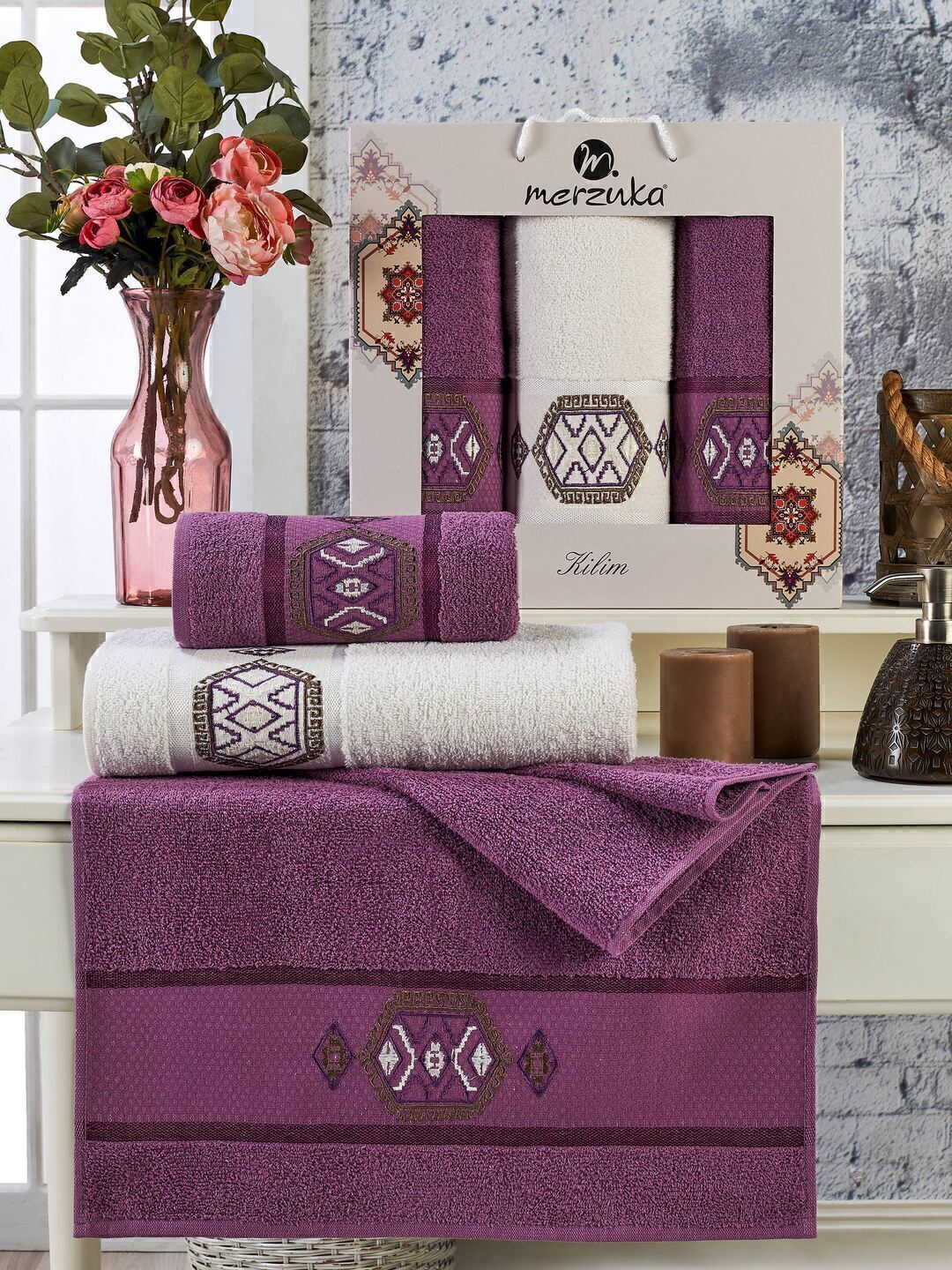 Набор полотенец махровых Kilim Merzuka <3 предмета 50*80-2шт+70*130, баклажан> (арт.11715,11716)
